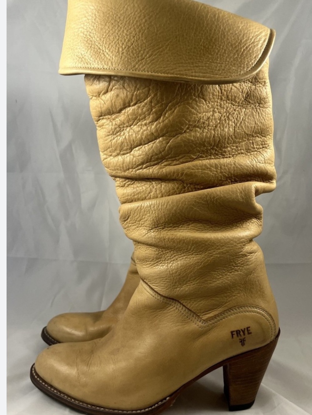 Frye VTG dorado Beige Tan Leather Slouch fold Over Cuff Western Boot Sz 6